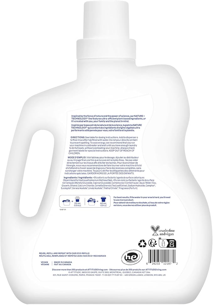 ATTITUDE Liquid Fabric Softener, Plant-Based & Vegan, HE Compatible, Naturally Derived, Lavender Scent, 80 Loads, 67.6 Fl Oz