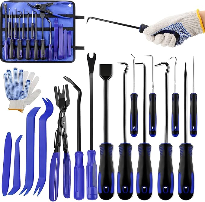 16-Piece Automotive Tool Kit with Storage Bag- Oil Seal Hook Set, Clip Remover, Gasket Scraper & Pry Tools, Includes Work Gloves for Car Repair & Mechanical Maintenance (Blue)