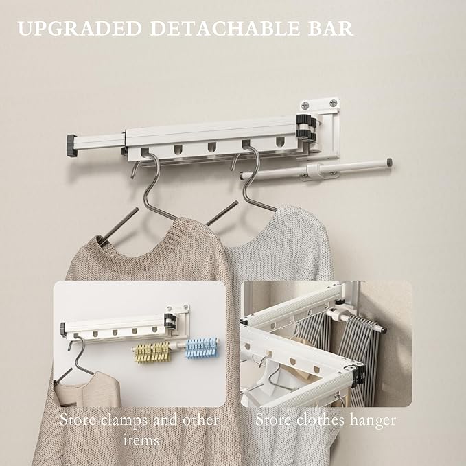 Clothes Drying Rack Wall Mounted Foldable Laundry Drying Rack Collapsible/Retractable Space Saving Laundry Hanger Dryer Rack with Additional Bar-Matte White