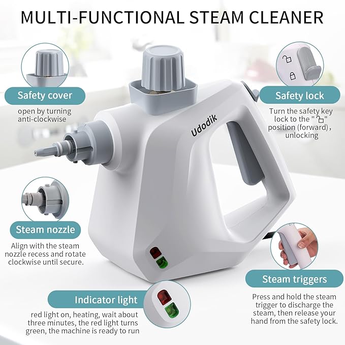Handheld Steam Cleaner for home, Multipurpose Portable Steam Cleaners Use with Safety Lock and 10 Accessory Kit to Remove Grime, Grease, More