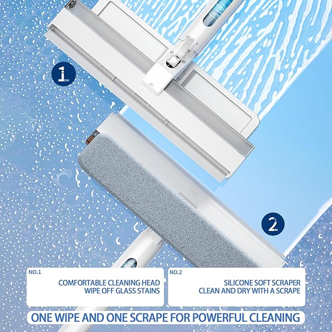 3 in 1 Window Cleaning Squeegee.Includes 9.6 inch Window Rubber Squeegee, Window Cleaning Tools,Cleaning Spray Bottle.37.8-51 inch Extension Rod.for Cleaning Windows, Bathroom Glass,Tile Walls