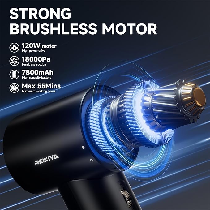 REIKIYA Compressed Air Duster 150000RPM Portable Air Blower for Computer, Keyboard with LED Light, 7800mAh Rechargeable 18000Pa Cordless Portable Vacuum Cleaner for Car Home Office