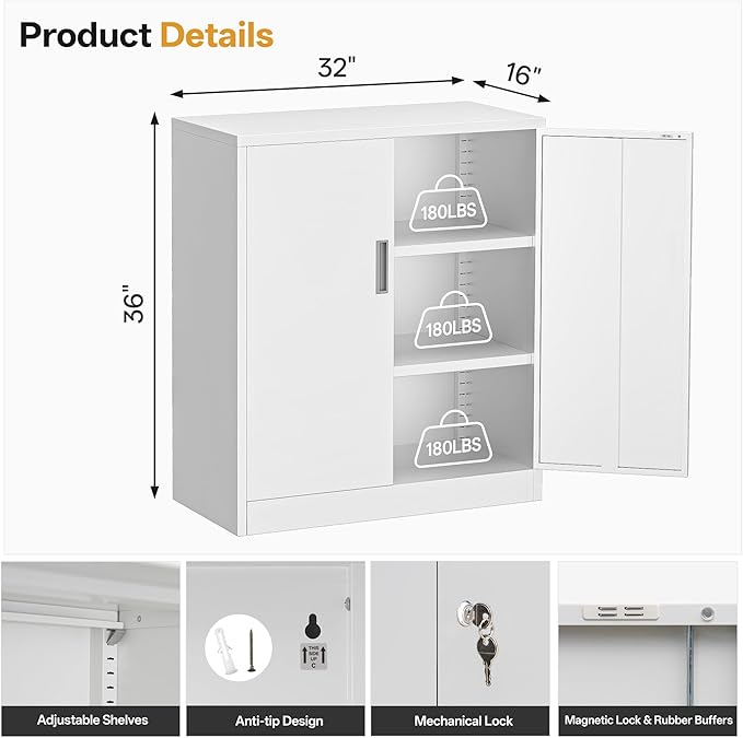 Metal Garage Storage Cabinets，36" Steel File Cabinet with 2 Adjustable Shelves, Lockable Storage Cabinets for Office, Home, Garage, Warehouse 36.2" H x 31.5" W x 15.7" D (White)