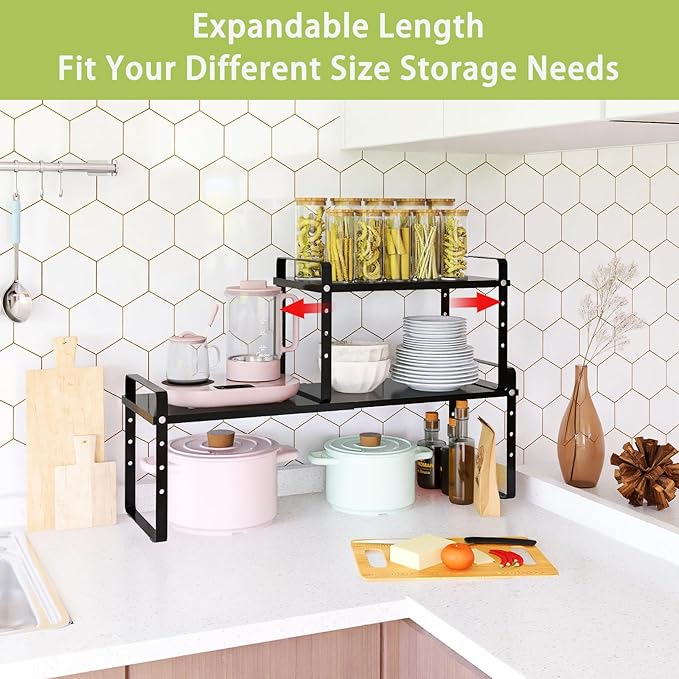 Expandable Cabinet Shelf Organizer Rack, Stackable Kitchen Countertop Organizer Storage Shelves, Adjustable Height Pantry Counter Shelf Riser Spice Rack (Black, 2 Pack)