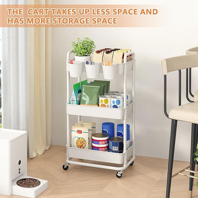 JIUYOTREE 3-Tier Plastic Rolling Storage Cart Utility Cart with Extra Hanging Cups Handles Lockable Wheels for Living Room Bathroom Kitchen Office White
