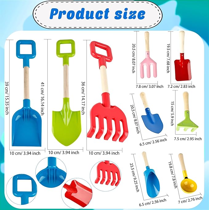 12 Pieces Kids Beach Sand Tools Long Beach Shovel Spade Sand with Sturdy Wooden Handle Safe Garden Tools Including Spoon, Fork, Rake, Flat, Pointed Shovel Cylinder Spoon Gifts for Kids