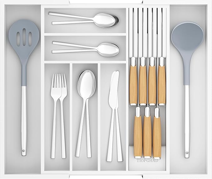 Bamboo-Silverware-Drawer-Organizer-Kitchen, Expandable Utensil Holder Cutlery Tray Flatware Organization Adjustable Wood Tableware Dividers Storage (with Removable Knife Block)(White)