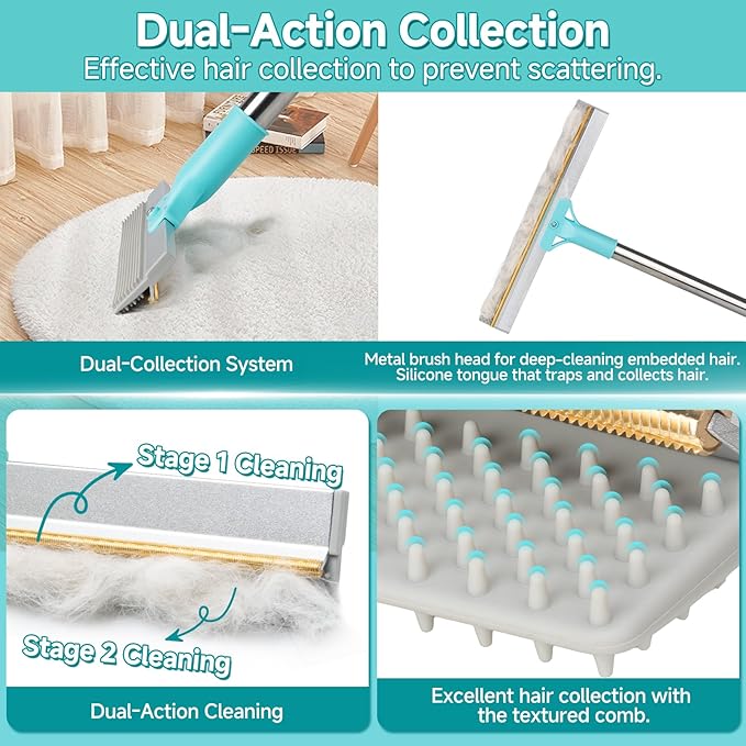 Carpet Rake for Pet Hair Removal Tool, Reusable Pet Hair Remover Broom, Dog&Cat Hair Remover Scraper Rake with 54” Adjustable Long Handle, 3 Pcs Carpet Brush Rake for Rugs, Mats, Couch, Furniture