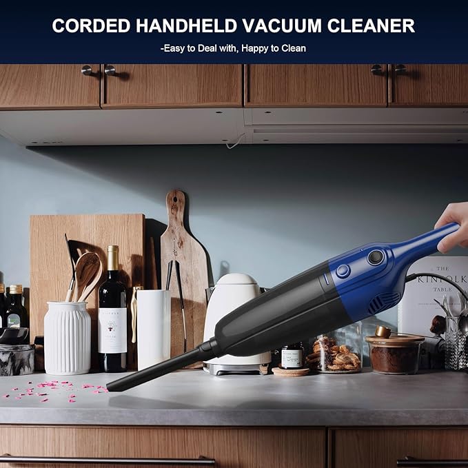 Stick Lightweight Vacuum Cleaner for Home & Apartment, Corded Handheld vac Cleaners with Crevice Tool, Perfect Household Vacuum Cleaners for Carpet, pet Hair, Hardwood Floor (Blue)