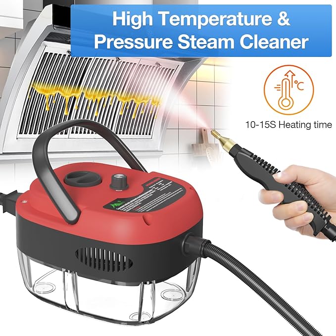 Handheld Steam Cleaner, 2500W Hand-Held High Pressure Portable Cleaning Machine with 3 Brush, High Temperature Steamer for Home Use, Kitchen, Furniture, Bathroom, Car (Red)