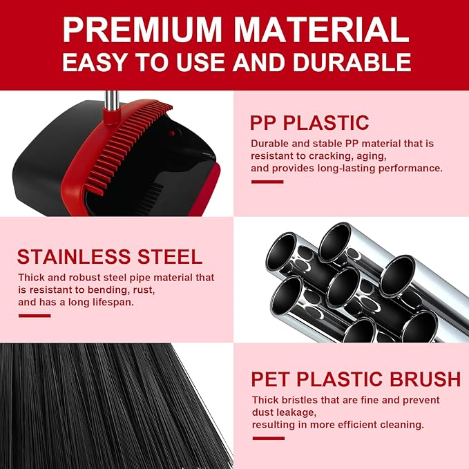 Broom and Dustpan Set, Large Household Broom with Dustpan Combo Set, 55 Inch Long Handle, Red Dust Pan Combo Set for Home