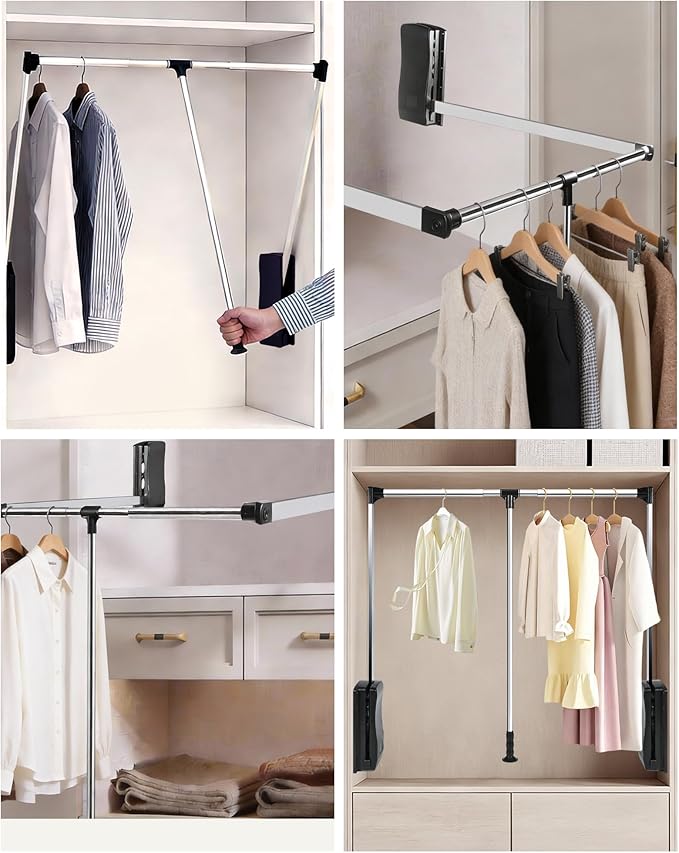 Pull Down Closet Rod 32-45 Inch, 44 lbs Capacity for Hanging Clothes, Polished Metal Wardrobe Lift Rail Organizer with Two-way Buffering, Side-Mounted for Cabinets/Wardrobes