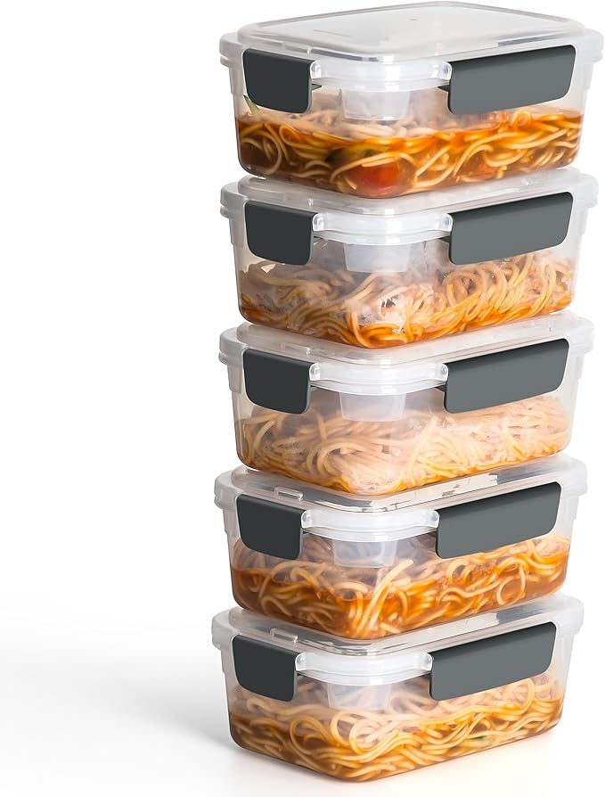 YORY 5 cup Plastic Food Storage Containers with Lids Nestable Freezer Dishwasher Safe Rectangle Meal Prep Container Set,5-Pack