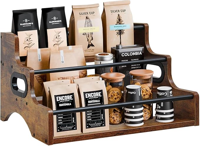 AT-VALY 3-Tier Spice Rack, Iron&MDF Kitchen Storage Shelf, Space-Saving Countertop Organizer for Spices, Herbs, Seasonings, Sturdy Stylish Condiment Holder,Countertop Wine Rack (Rustic Brown)