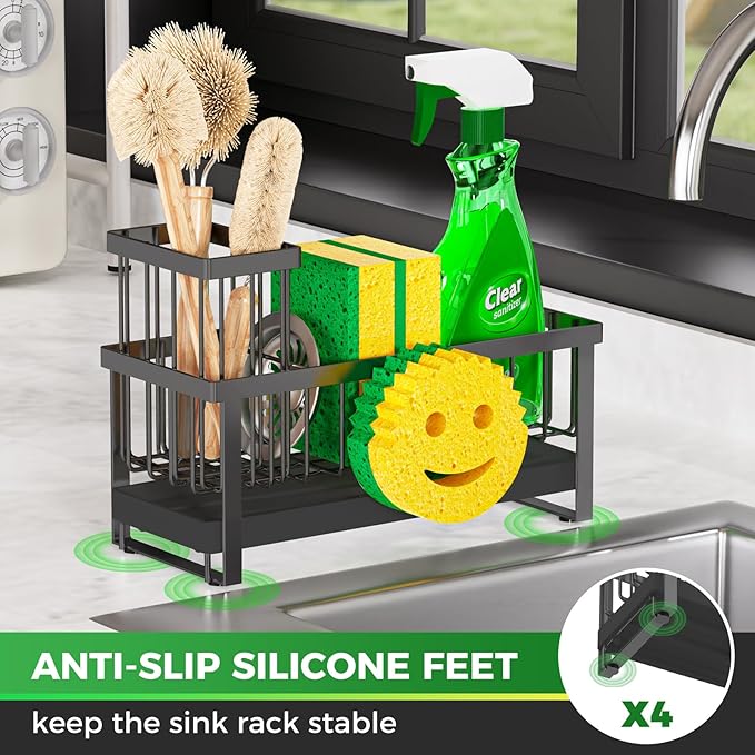 Sponge Holder for Kitchen Sink,Sink Caddy with Removable Dish Brush Holder,Self-Draining Kitchen Countertop Organizers and Storage Essentials,Soap Dispenser Organize and Home Decor-Black