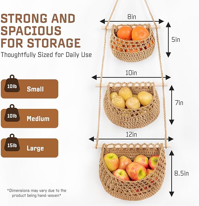 Cotton Hanging Fruit Basket, 3 Tier Woven Wall Basket, Hanging storage baskets for KItchen and Bathroom, Macrame Wall Hanging, Boho Decor Over The Door Organizer, Brown