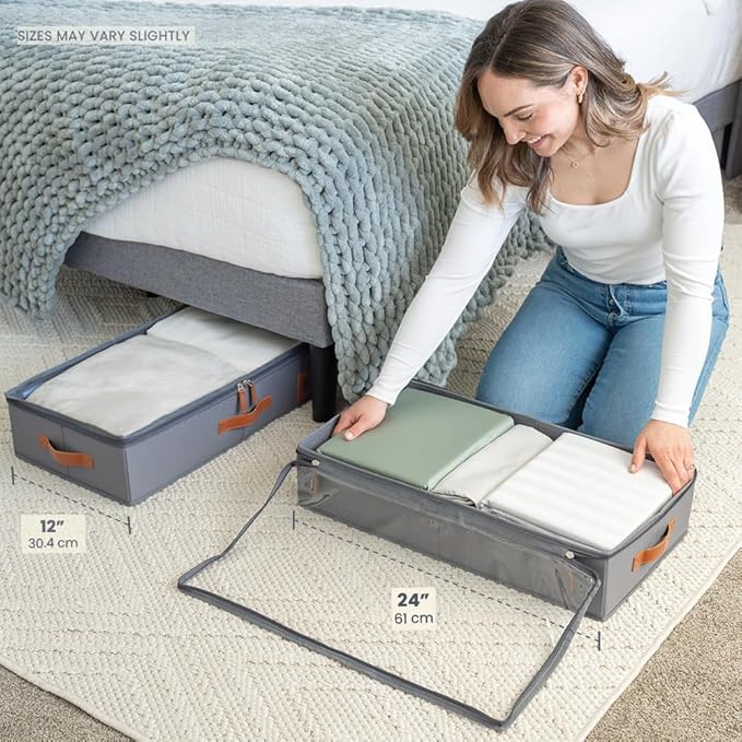 OrganiHaus Under Bed Storage Containers, Bedroom Storage and Organization Bins, Clothes Organizer for Closet with Clear Cover and Reinforced Handles - Set of 2 23.5x12.5x5 inches Gray