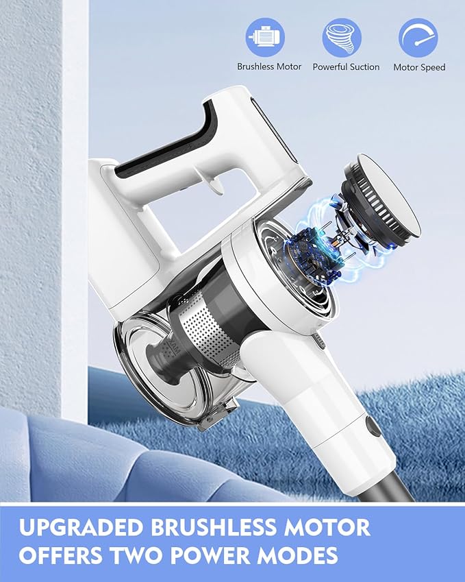 Cordless Vacuums, 80,000PRM Powerful Motor Vacuum Cleaner and 2200mAH Rechargeable Battery up to 35 Mins Worktime, 2 Adjustable Modes, Detachable Parts, Wireless Stick Vacuum (True White)