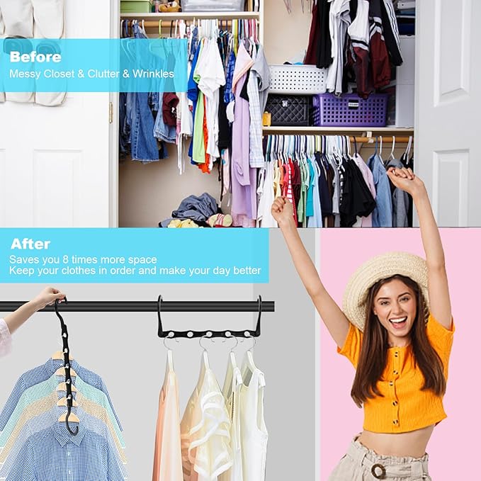 DUCOO Space Saving Hangers 10 Pack, Heavy Duty Magic Cascading Hanger Organizer with 5 Enclosed Anti-Slip Holes, Closet Organizers and Storage for Clothes, College Dorm Room Essentials, Black