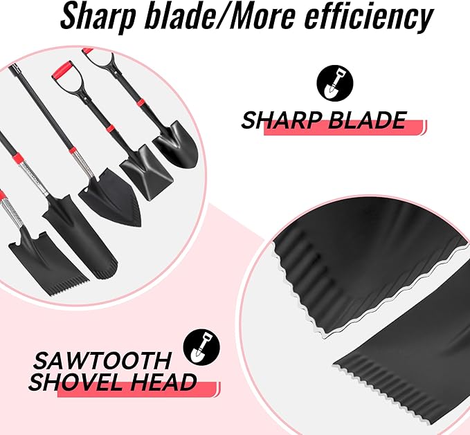 SHARK ATTACK Garden Shovel Set with D-Grip Handles - Multi-Size Steel Garden Shovels with Powder Coating for Digging, Planting & Car Emergency