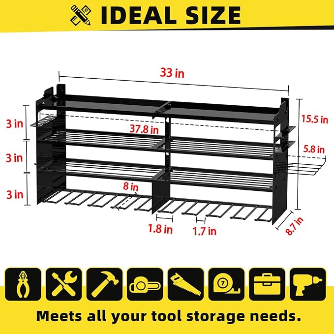 Power Tool Organizer Wall Mount with 8-Drill Holders-600Lbs Load Heavy Duty Metal 4-Layers Garage Storage & Organization Battery Tools Rack with Side Panels Utility Racks Workshop Gifts for Men