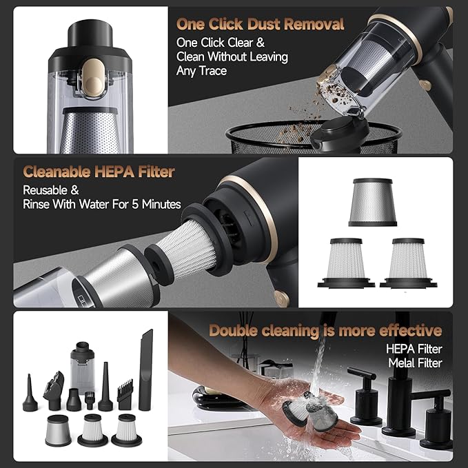 Car Vacuum Portable Cordless, Hand Vacuum with 16000PA High Power, 7 in 1 Mini Car Vacuum Cleaner with One-Click Empty, Dual Hepa Filter, LED Light, Type-C Charging Small Handheld Vac