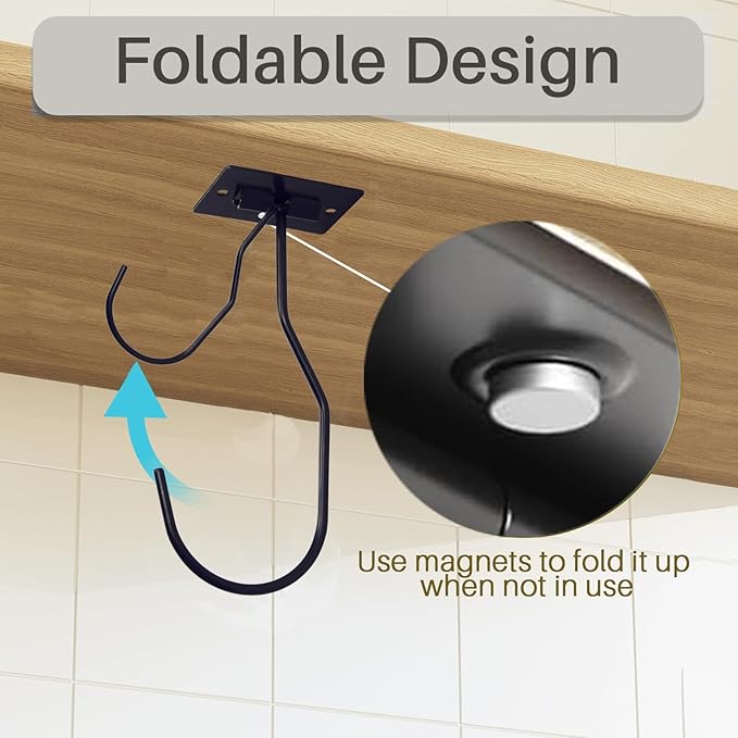 Self-Adhesive Banana Hooks, Foldable Magnetic Hanger Under Cabinet, Sturdy Metal Banana Holder for Kitchen, Space-Saving Design to Keep Bananas Fresh 4 Pieces Black