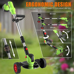 Cordless Electric Weed Wacker Battery Powered, 21v Lightweight Weed Trimmer Eater With 2 4.0Ah Battery Operated & Charger & Wheels & Shears, 3 In1 Grass Trimmer/Brush Cutter/Lawn Edger for Yard Garden