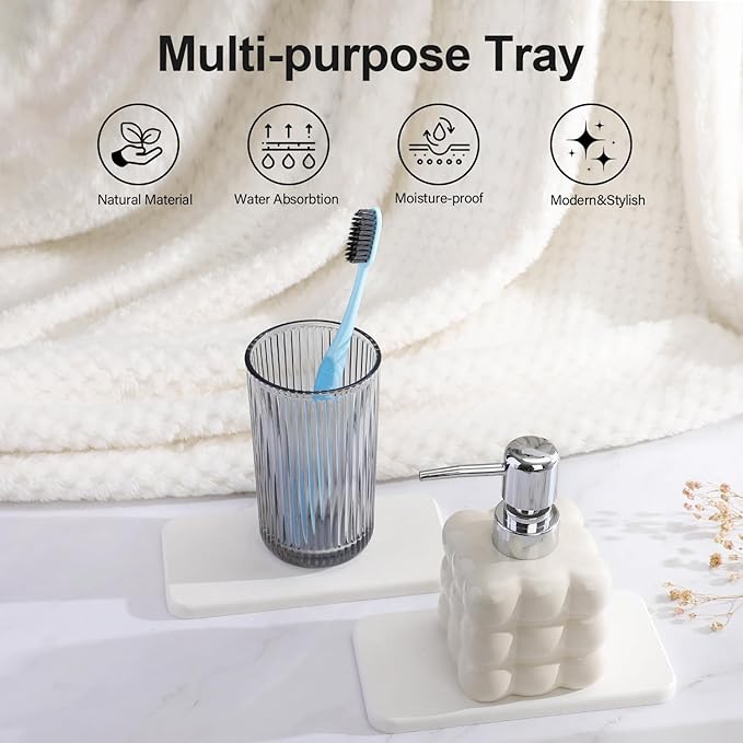 Water Absorbing Stone Tray for Sink | Quick Drying Diatomaceous Earth Coasters | Soap Dish Holder & Toothbrush Holder for Bathroom Counter | Hand Soap & Plant & Toiletries | White 2 Pack