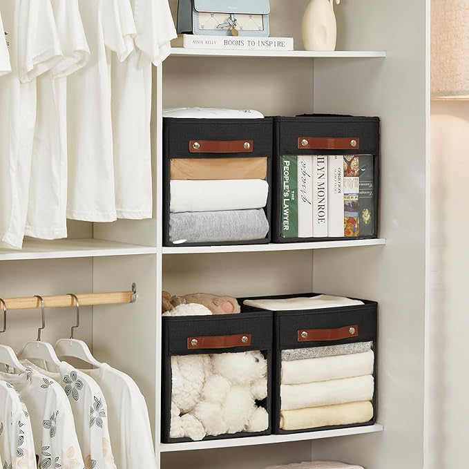 Storage Cube Organizer with Clear Window, Linen Collapsible Storage Boxes with PU Handles, Cube Storage Bins for Shelf, Closet, Cabinet, Bookcase (10.5x10.5x11, Black)