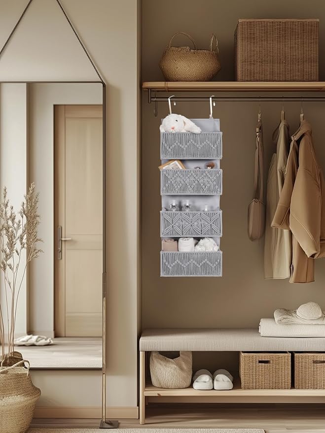 Macrame Over the Door Organizer Boho Decor Nursery Storage, Leaf Weaving Closet Storage, 4 Hanging Pockets, Behind Door for Bathroom, Bedroom,Grey