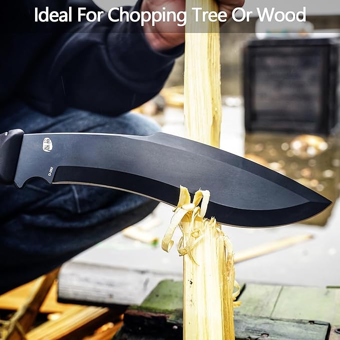 HX Outdoors 14 Inch Bush Machete Kukri Knife, Premium D2 Steel Full Tang Gardening Machete Knife with Kydex Sheath for Outdoor, Camping, Clearing Brush (Black)
