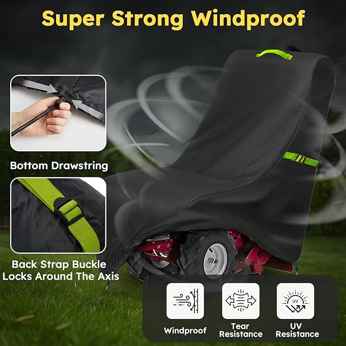 Tiller Cover, Rototiller Covers, 420D Silver-Coated Waterproof Fabric, Adjustable Drawstring Hem, Green Handle & Rear Waist Band – Fits Most Tillers (Black, Electric Tiller Cover)