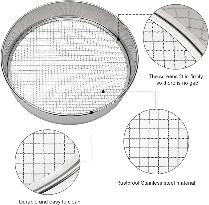 Soil Sieve Stainless Steel Riddle Sieve Set Garden Potting Sieve, 12" Diameter, with 5 Filter Mesh Sizes 3,6,9,10,12mm and Shovel