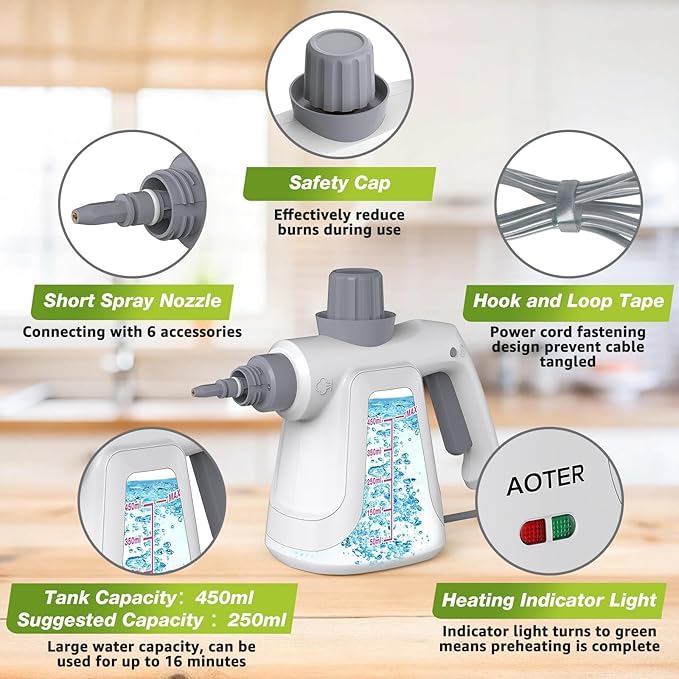 Pressurized Handheld Steam Cleaner, Portable Steam Cleaner Multipurpose for Home, Multi-Surface Steam Cleaner for Tile, Grout, Windows, Bathroom, Kitchen, Car Cleaning (White)