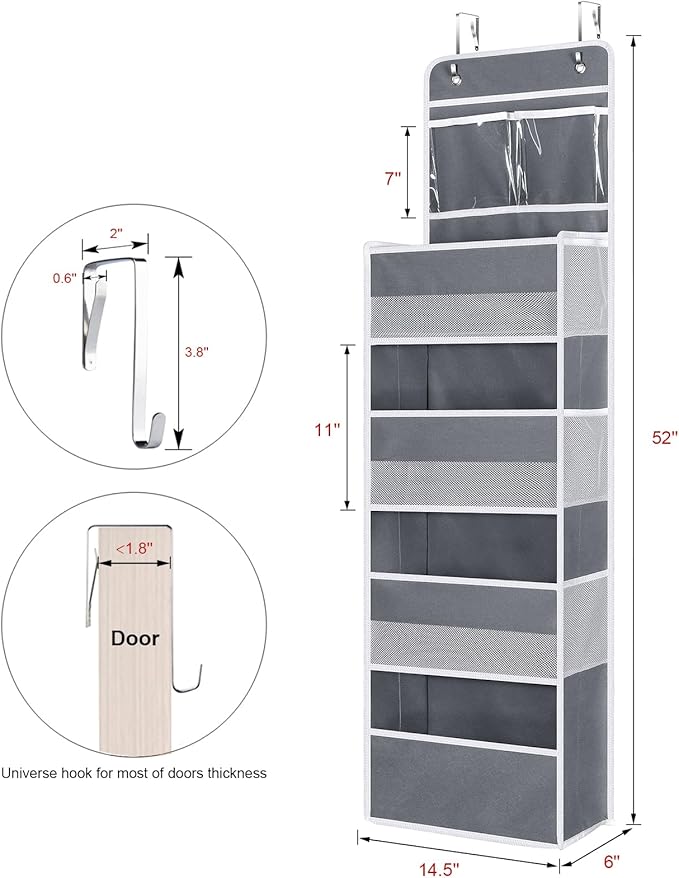 Univivi Over The Door Organizer, 5 Shelf Door Hanging Organizer Nursery Door Storage with 4 Large Compartments and 2 Small PVC Pockets 6 Side Pockets for Bathroom,Cosmetics and Nursery Baby Essential