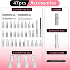 Cordless Screwdriver Rechargeable, Electric Screwdriver Cordless 47pcs, USB Small Power Screwdriver Set with LED Light for Women Home Office DIY Tools, Pink