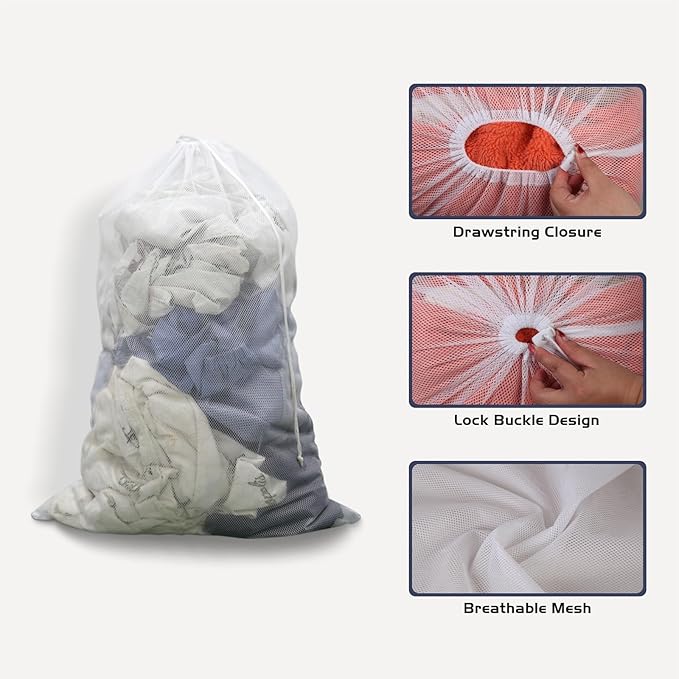 2 Pack Large Mesh Laundry Bag, 24×36 inch Heavy Duty Mesh Laundry Bags Drawstring Lockable, White Laundry Hamper Liner, for Factories, College, Travel, Dorms, Family and Apartment Dwellers