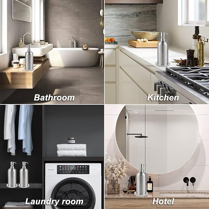 Soap Dispenser 18 Oz with Non-Slip Coaster, Stripe Design Dish Soap Dispenser Brushed Nickel, Refillable Liquid Hand Soap Dispenser for Bathroom, Kitchen Soap Dispenser Premium Stainless Steel