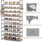 VTRIN 10 Tiers Shoe Rack Tall Large Capacity Wide Shoe Organizer Sturdy Shoe Shelf for Entryway with Two Hooks Metal Shoe Storage for Closet, Bedroom, Grey