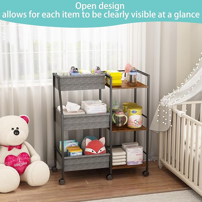 Baby Diaper Caddy Organizer Cart, 3-Tier Rolling Wheels Cart with Dividers and Shelves, Bedside Utility Cart for Nursery Essentials, Large Capacity Mobile Storage Cart for Crib, Bedroom