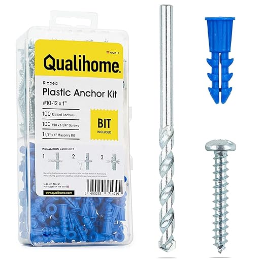 Qualihome Ribbed Plastic Drywall Anchor Kit - Wall Anchors and Screws for Drywall Includes Anchors, & Screws, 1 Masonry Drill Bit - Mounting Tolls for Decor, Furniture, Shelving (10-12 x 1)