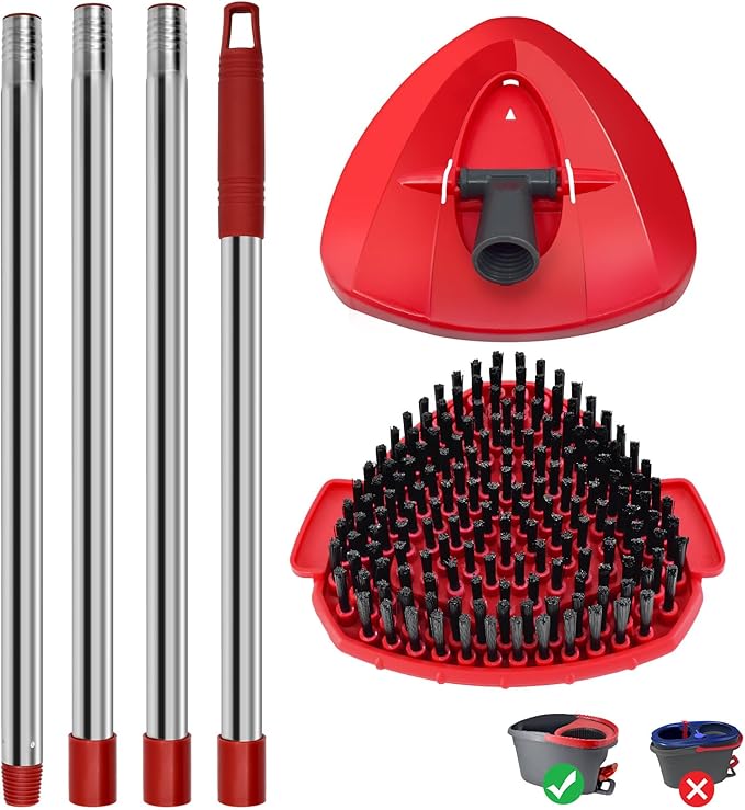 4 Part Stainless Steel Spin Mop Handles, Mop Base & Upgrade Scrub Brush Combo for Ocedar EasyWring 1 Tank Spin Mop System, Mop Handle Mop Base & Brush Set for O Cedar Mop, Universal Thin Screw Joints