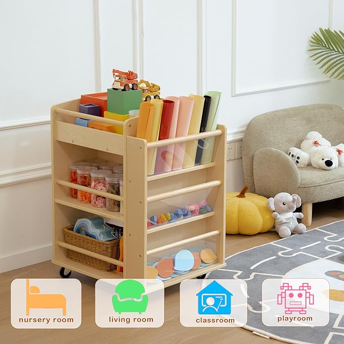 Art Activity Cart Wooden Rolling Utility Cart with Wheels 3-Tier Art Cart Organizer for Kids Multi-Functional Movable Birch Storage Cart Art and Crafts Supply Shelf Montessori Furniture