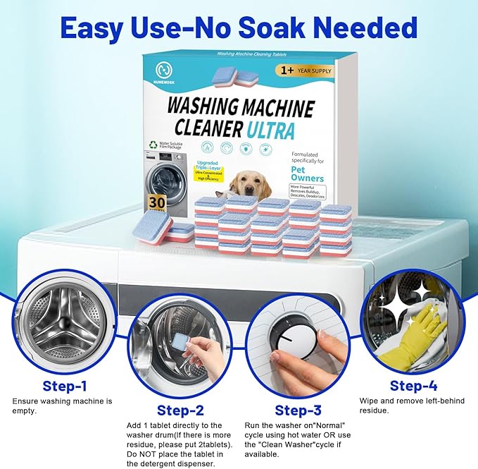 Washing Machine Cleaner Tablets 30 Pack, Upgraded Formulated for Pet Owners, 1+Year Supply, Deep Cleaning Tablet For HE-Front & Top Load Washer, Removes Residue, Grime, Odors and Pet Hair