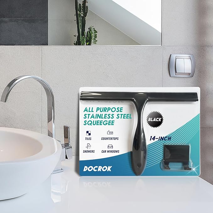 All-Purpose Stainless Steel Shower Squeegee for Shower Glass Door with Adhesive Hook, Bathroom Cleaner Tool Household Window Mirror Squeegee for Glass Doors, Cleaning Tile Wall, Car, 14 inch, Black