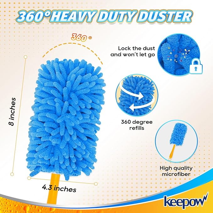 KEEPOW Reusable Duster Refill Compatible with Swiffer Duster Refills, Microfiber Dusters for Cleaning, 4 Color Blue Yellow Orange Green 360° Heavy Duty Duster Refills, 4 Pack(Handle is Not Included)