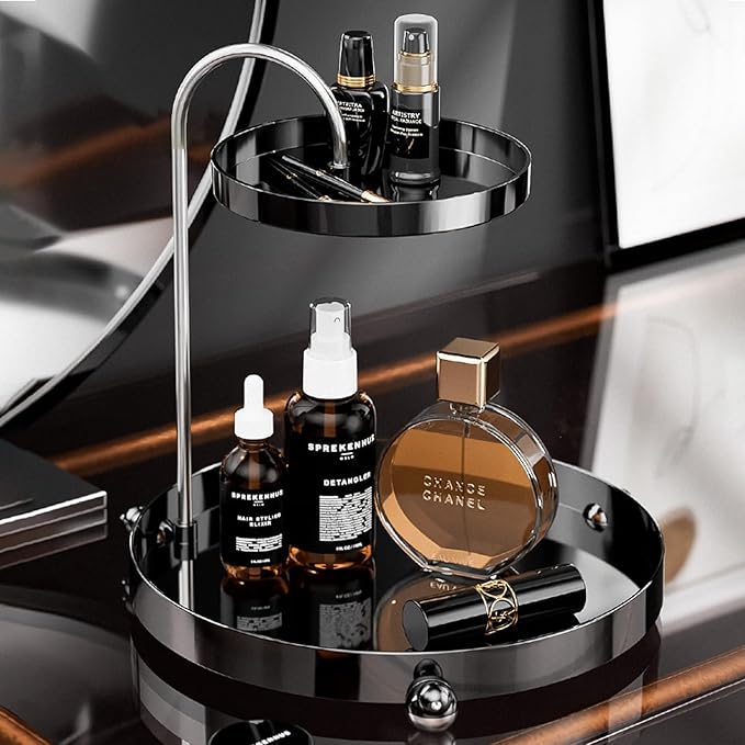 Bathroom Sink Vanity Trays, Double Layer Rotating Bird Design Shelf Tray, Multi-Purpose Countertop Organizer, Black