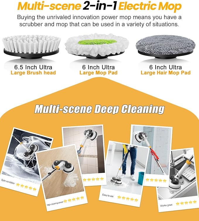 qimedo 800RPM Cordless Electric Mop, 6000mAh Battery Electric Power Scrubber & Mops for Floor Cleaning, Best Automatic Spin Mops with Smart Display,Rotating Mop with LED Light & Water Spray