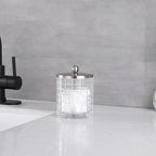 Clear transparent Apothecary Etched Geometric Grid Glass Jar W/Satin Nickel Metal Lid Cover for Bathroom Organization, Cotton Balls, Q Tips, and Small Accessories, Bathroom Storage